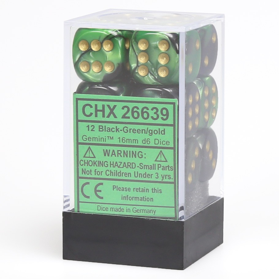 Dice: 12d6 Gemini Black-Green/gold
