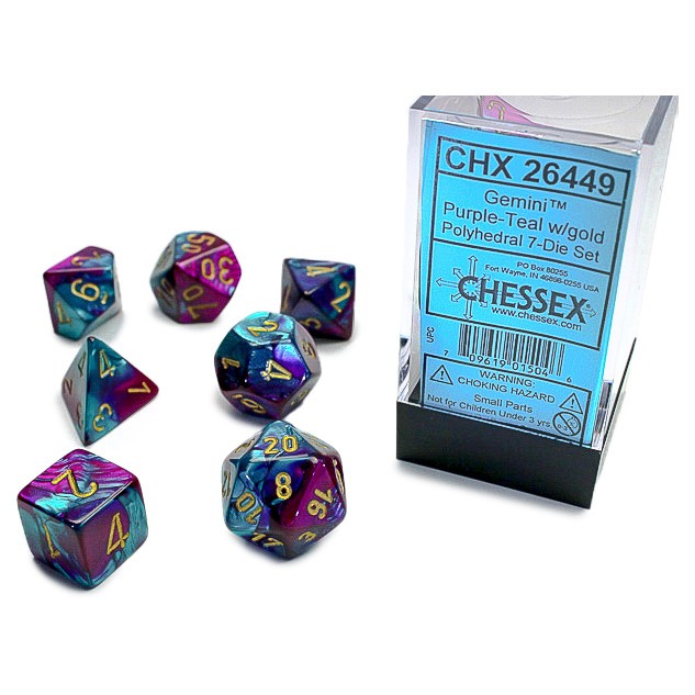 [CHX26449] Dice: 7-set Gemini Purple-Teal/gold